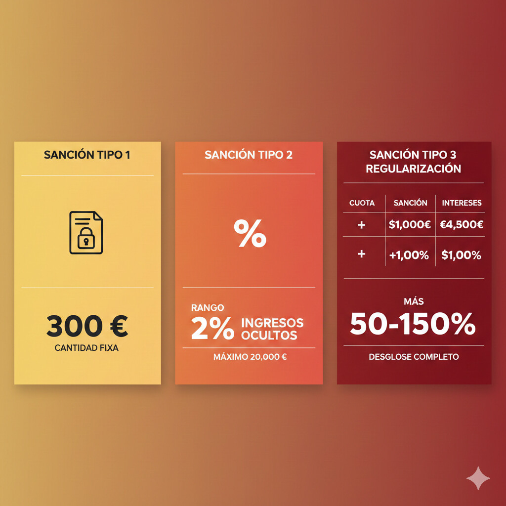 Tabla visual mostrando los 3 tipos de sanciones DAC7: multa fija 300 euros por no facilitar datos, sanción hasta 2% ingresos ocultos máximo 20000 euros, y regularización AEAT con cuota más sanción 50-150% más recargos e intereses