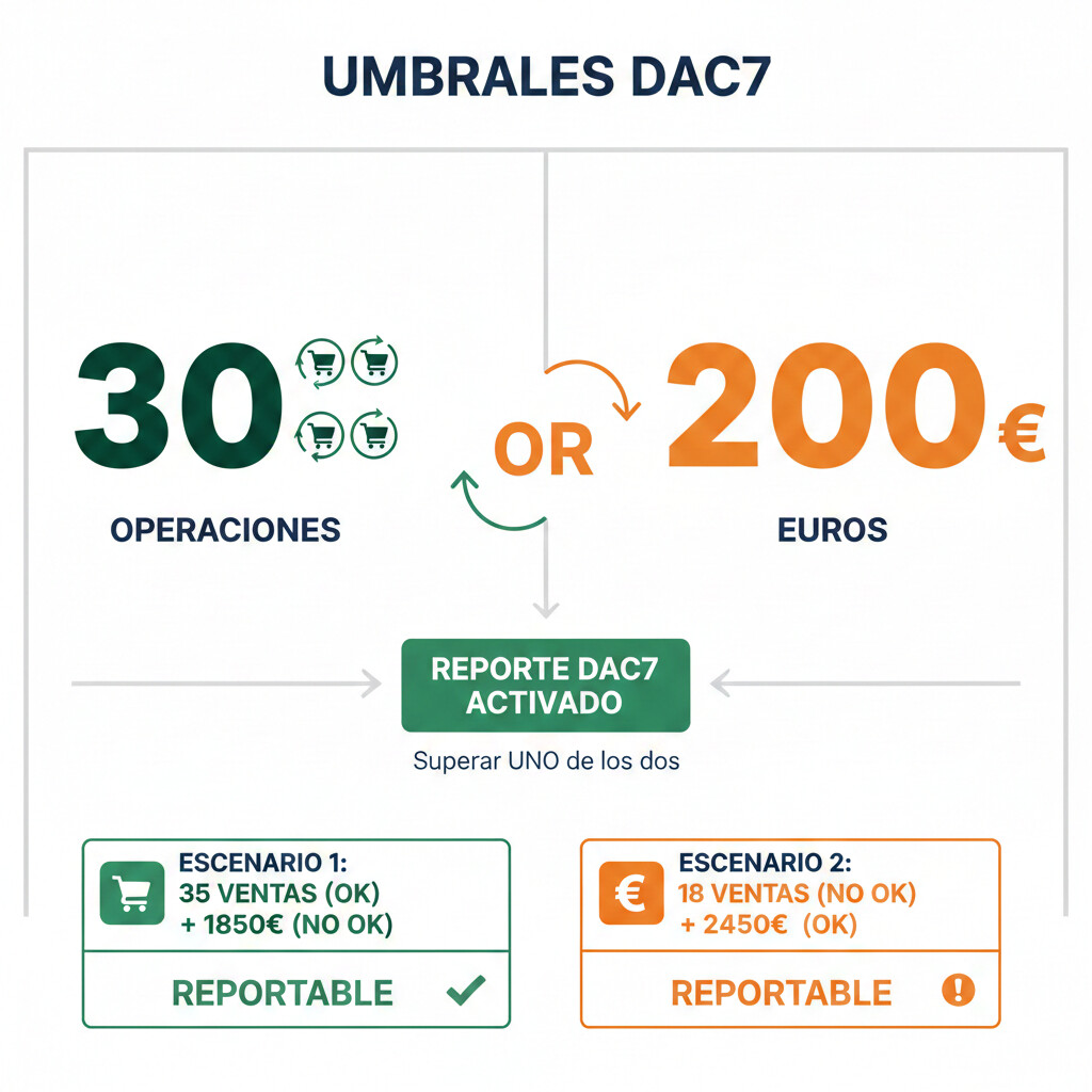 Infografía explicativa mostrando los dos umbrales DAC7: 30 operaciones anuales O 2000 euros de ingresos, con ejemplos visuales de cada escenario y flechas indicando lógica OR no AND