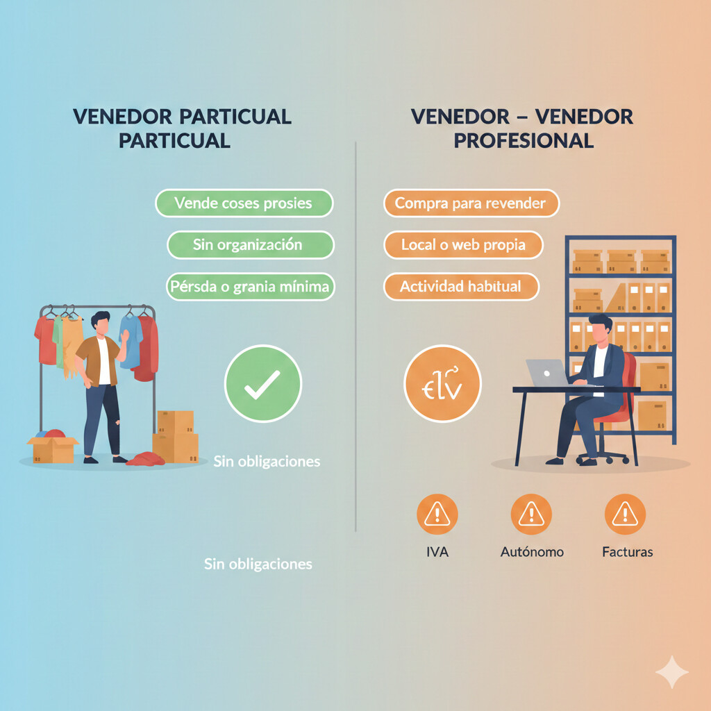 Comparativa visual entre vendedor particular (vende ropa usada propia ocasionalmente) y vendedor profesional (compra lotes para revender sistemáticamente) con iconos diferenciadores y obligaciones fiscales de cada uno