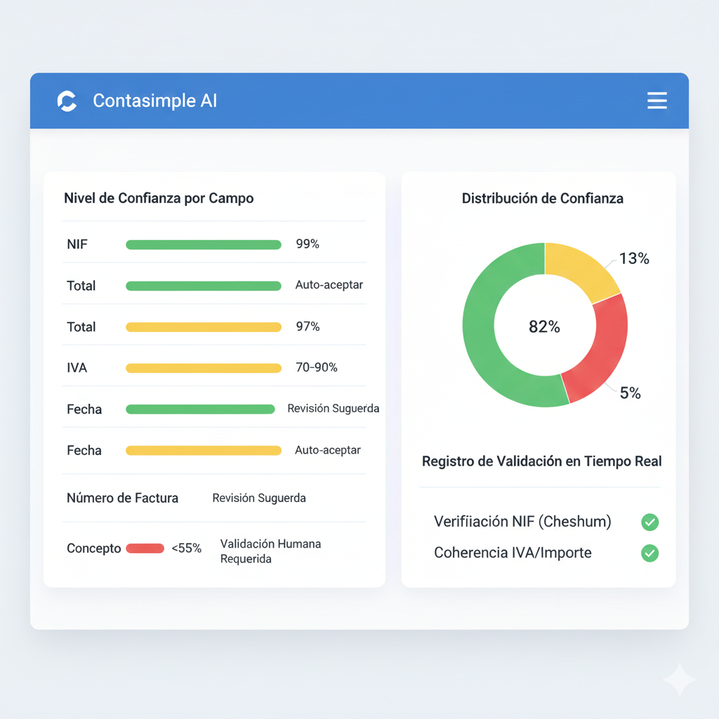Screenshot dashboard Copilot Gestoría mostrando confidence scores por campo con sistema semáforo: verde campos alta confianza automáticos, amarillo campos revisión sugerida, rojo campos validación humana obligatoria, incluye gráfico distribución porcentajes