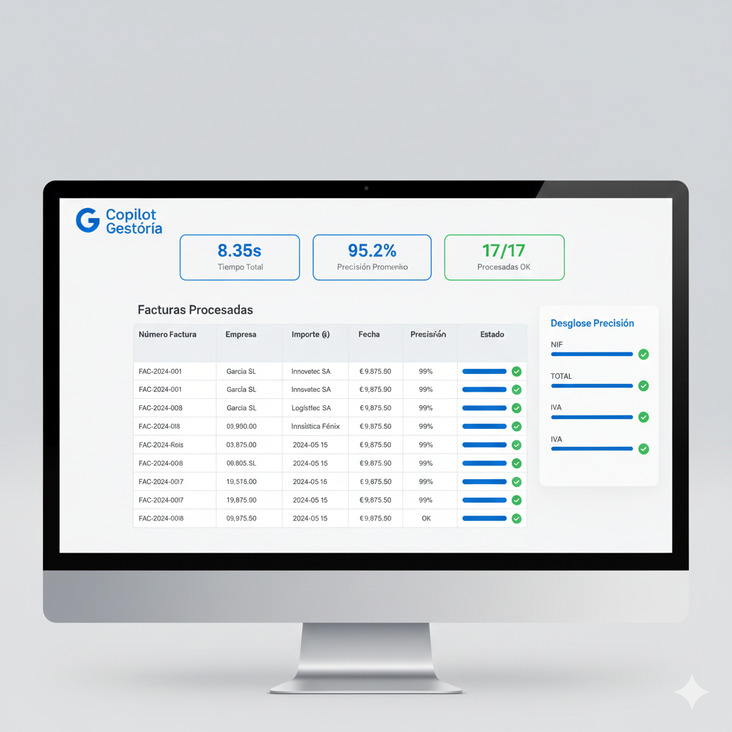 Screenshot dashboard Copilot Gestoría mostrando 17 facturas procesadas en pocos segundos con métricas tiempo real, confidence scores por campo, alertas riesgo y estado VeriFactu compliant