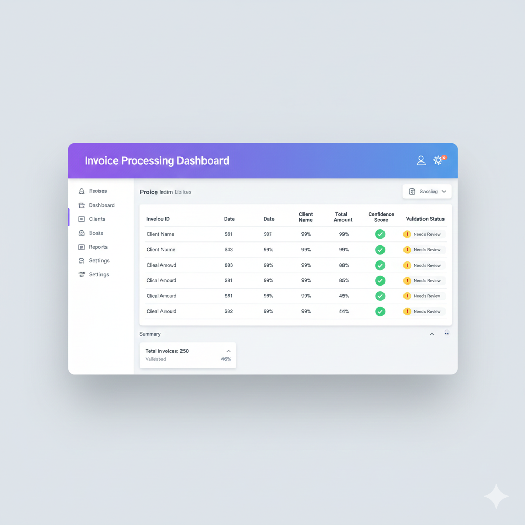 Interfaz de usuario COPILOT GESTORIA mostrando lista de facturas procesadas con indicadores de confianza