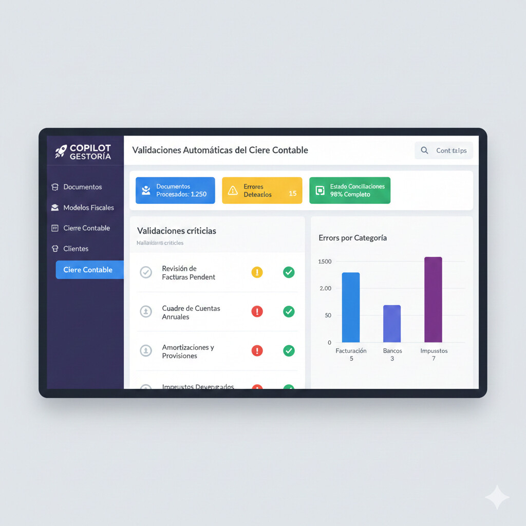 Screenshot del dashboard de COPILOT GESTORIA mostrando las validaciones automáticas del cierre contable con alertas de errores críticos, estado de conciliaciones bancarias y métricas en tiempo real