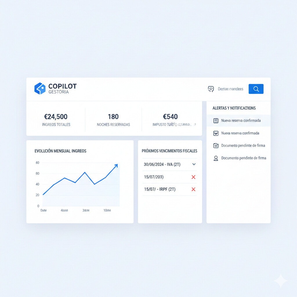 Screenshot interfaz dashboard moderna COPILOT GESTORIA panel viviendas turísticas mostrando 4 cards métricas ingresos gastos rendimiento neto IRPF, gráfico Chart.js evolución ingresos mensuales Airbnb, tabla facturas gastos deducibles