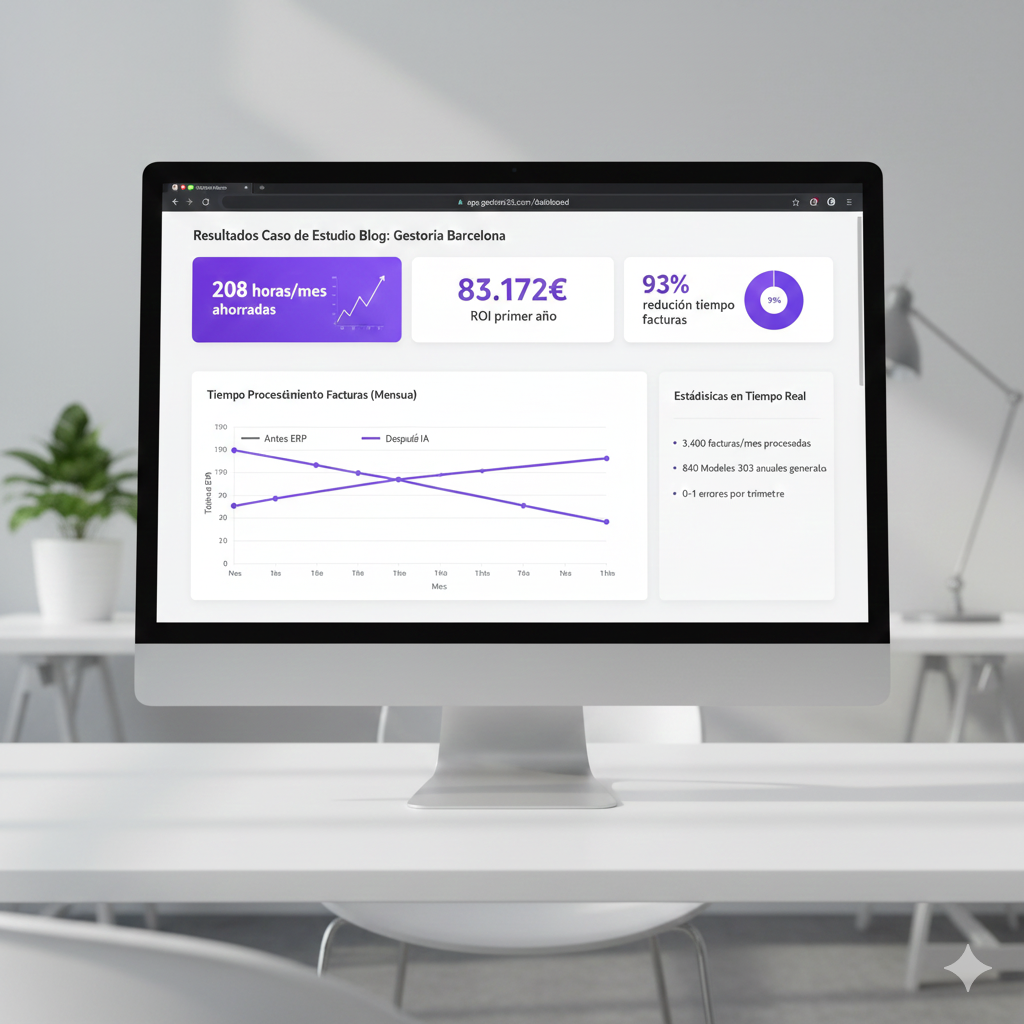 Dashboard con métricas de ROI mostrando ahorro de tiempo y costes en gestoría tras implementar IA