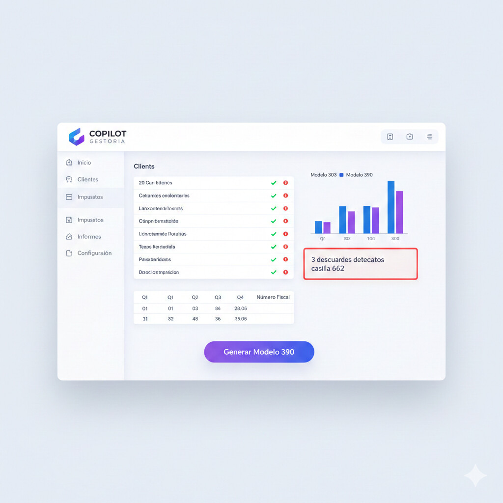 Captura pantalla dashboard TaxAgent mostrando validación automática descuadres 390 303 con alertas compensaciones casilla 662 y score compliance