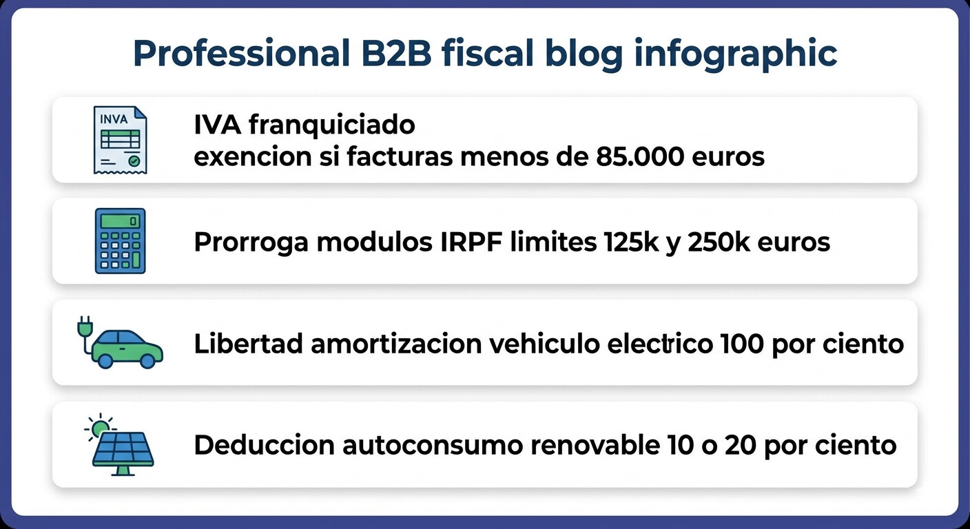 Tabla de medidas del decreto anticrisis 2026 aplicables a autónomos: IVA franquiciado, módulos, deducción vehículo eléctrico y autoconsumo renovable
