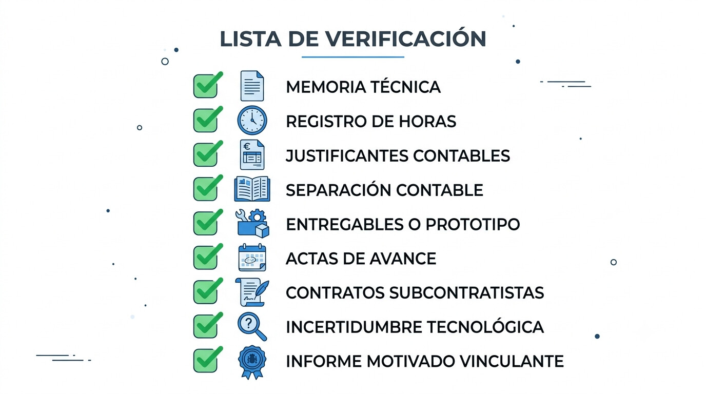 Lista de verificación de documentación mínima para deducción I+D+i ante inspección AEAT: memoria técnica, registro de horas, facturas separadas