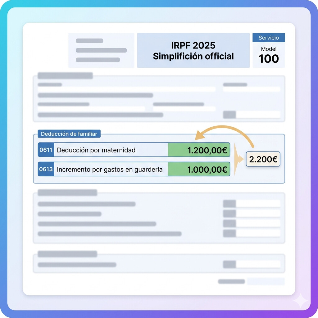 Captura del Modelo 100 Renta 2025 con las casillas 0611 deducción maternidad y 0613 ampliación guardería señaladas