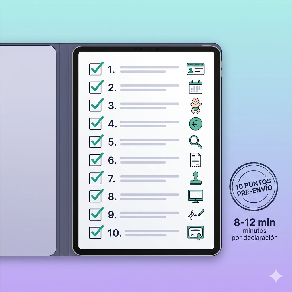 Checklist visual de 10 puntos para validar la deducción maternidad y guardería Renta 2025 antes de presentar