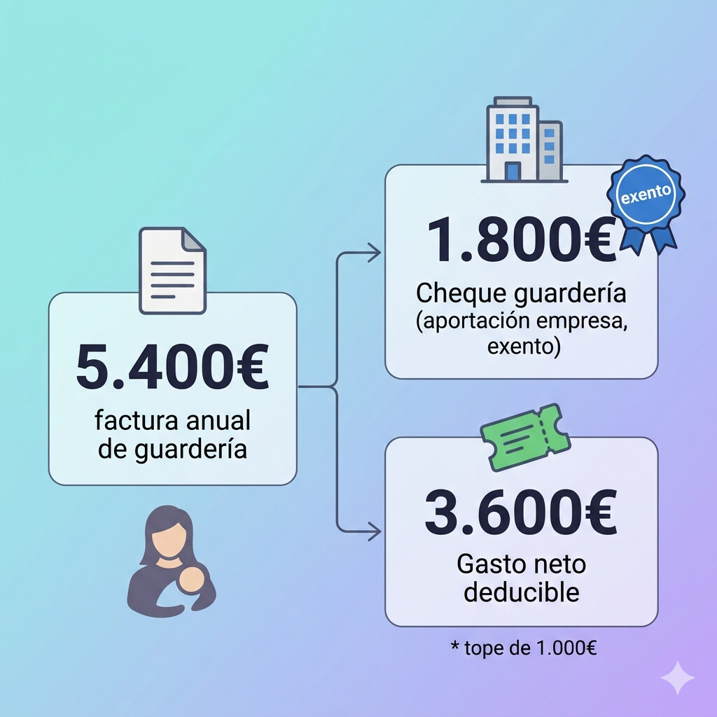 Diagrama que muestra cómo separar el importe del cheque guardería de empresa del gasto neto deducible en casilla 0613