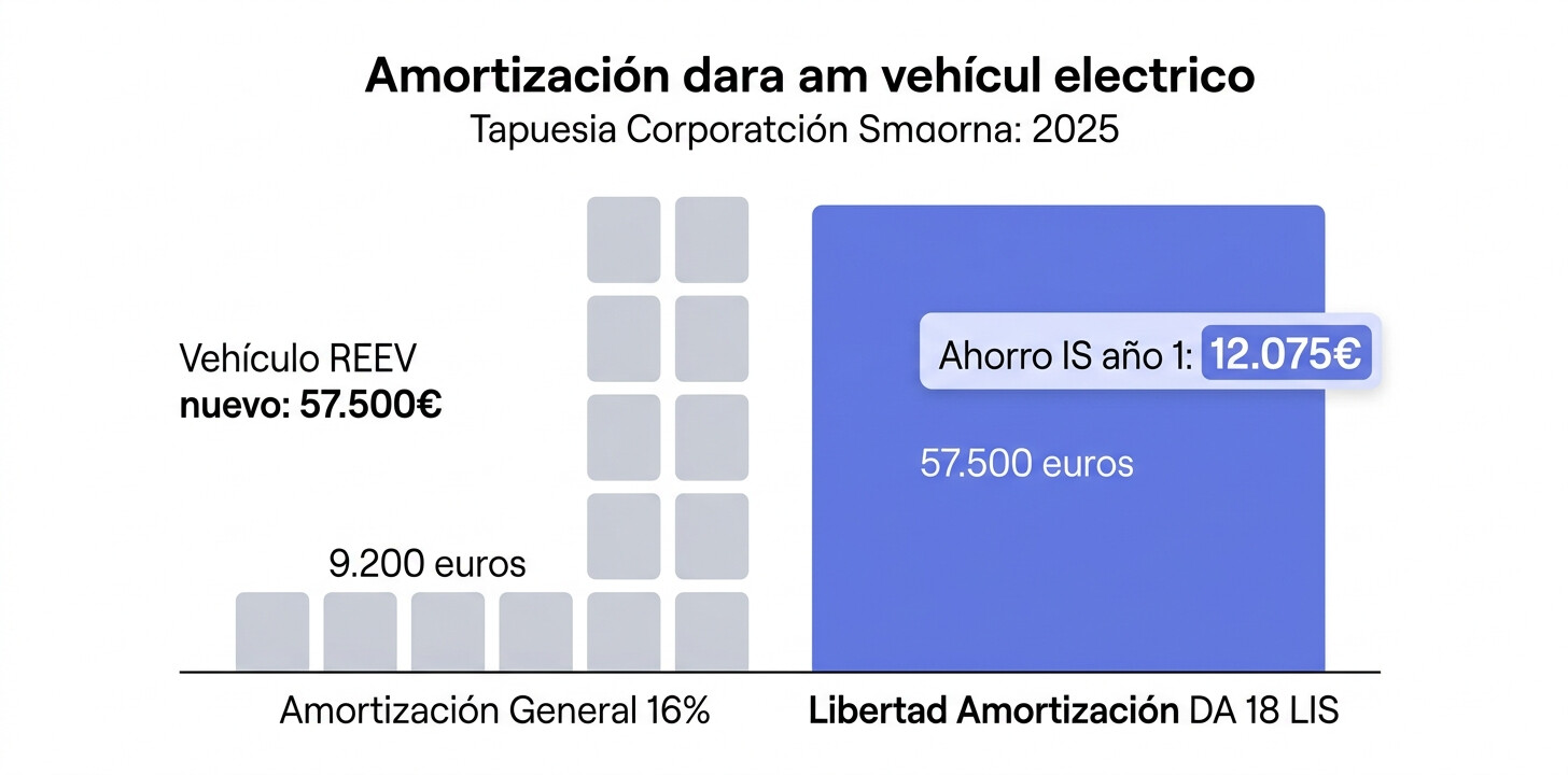 Comparativa libertad de amortización vehículo eléctrico IS vs amortización general: 57.500 euros primer año vs 9.200 euros anuales