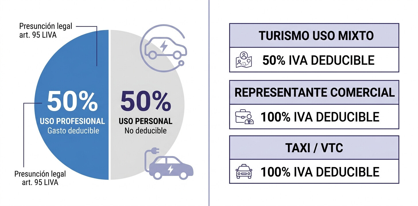 Regla IVA deducible coche eléctrico empresa: 50% uso mixto profesional personal, 100% uso exclusivo profesional, art. 95 LIVA