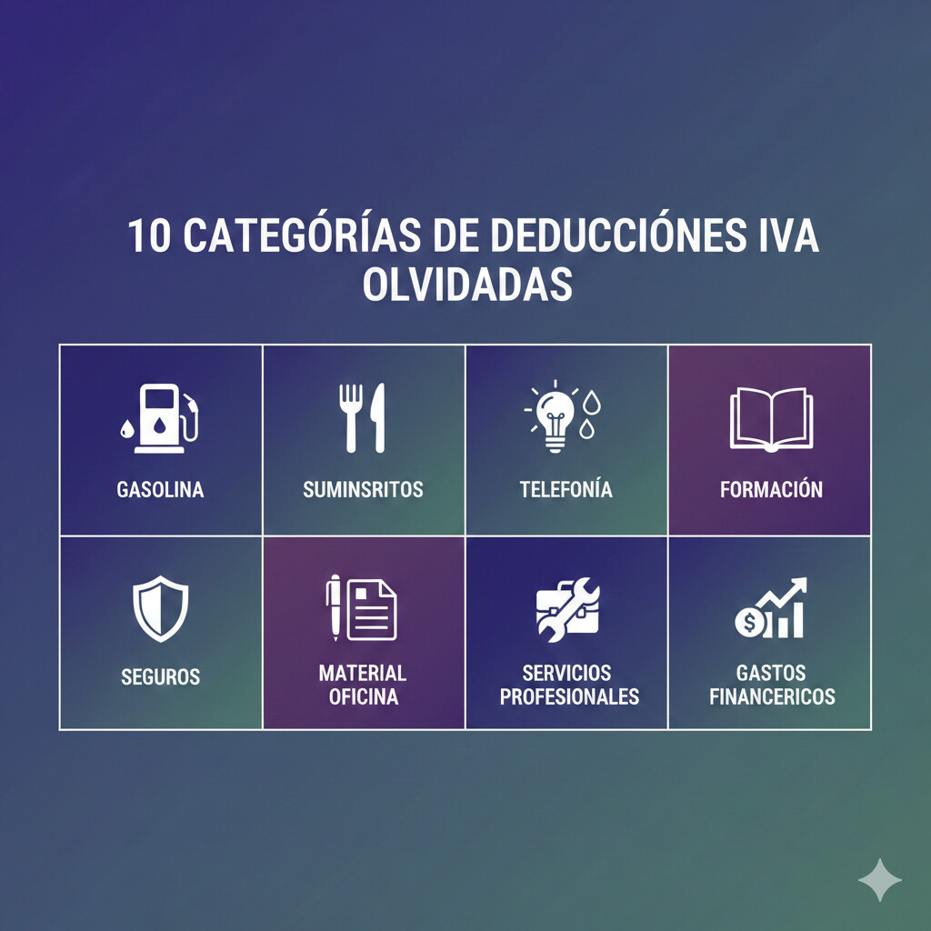 Infografía mostrando las 10 categorías de deducciones IVA más olvidadas por autónomos y pymes en España con porcentajes de deducción permitidos según AEAT