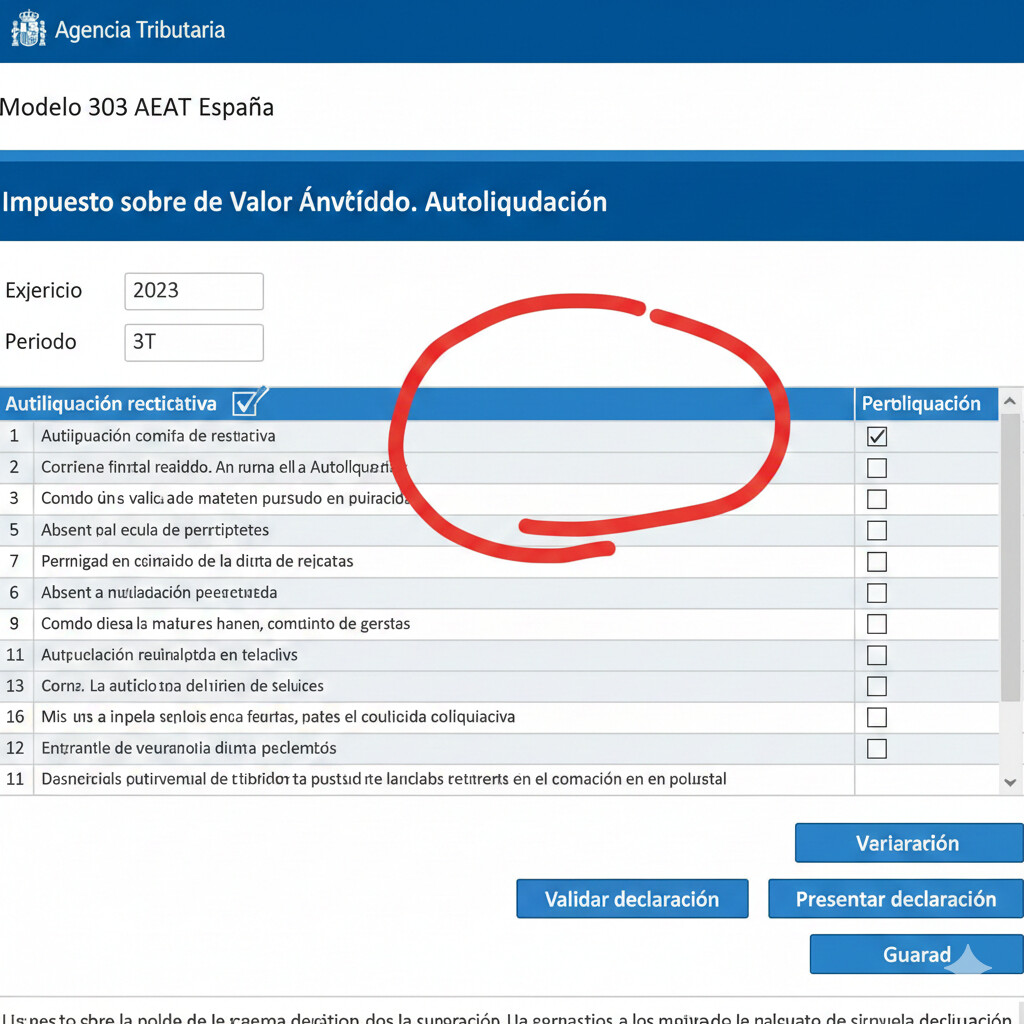 Screenshot del modelo 303 AEAT mostrando la casilla de autoliquidación rectificativa marcada con campo para número de justificante anterior y motivo de corrección