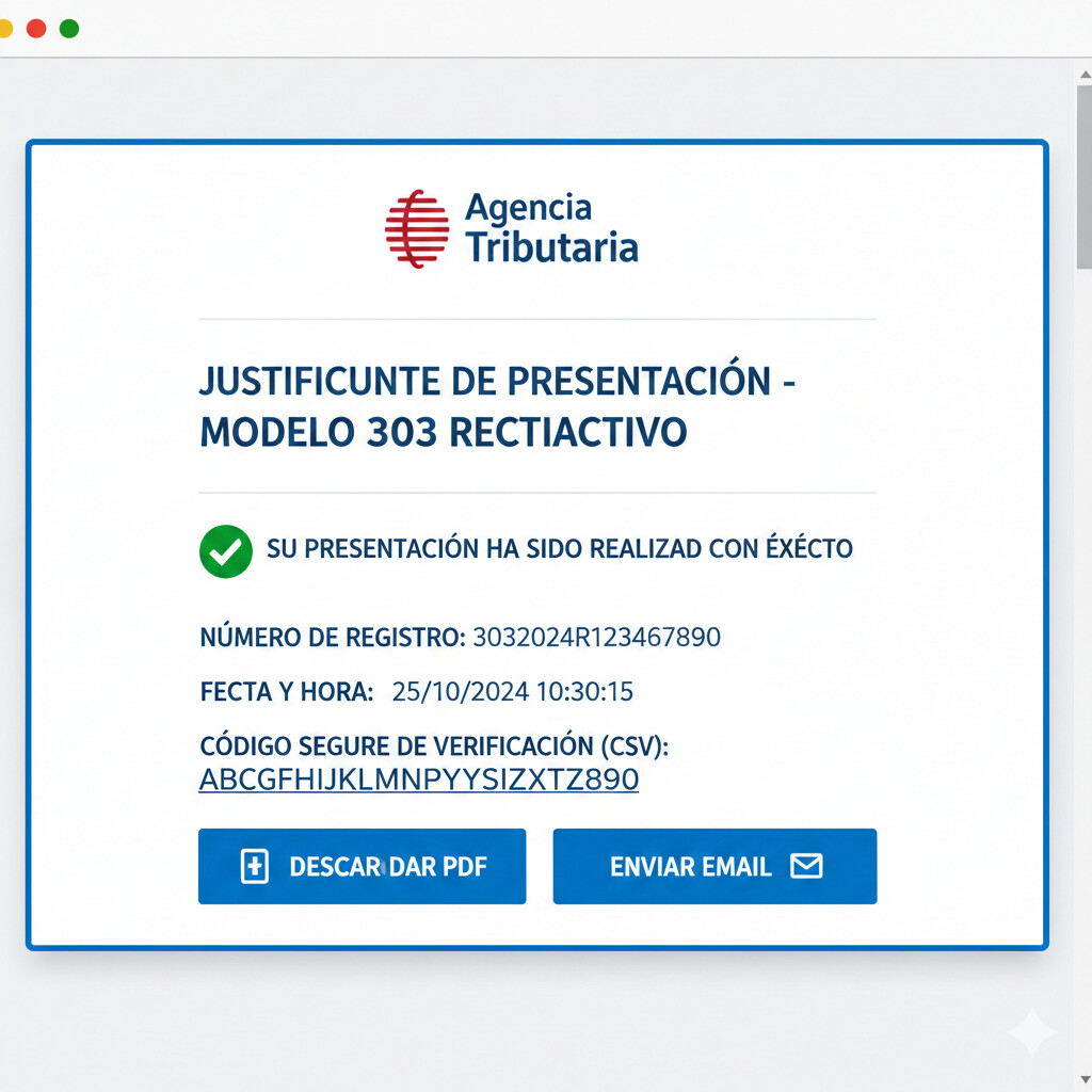 Screenshot del modelo 303 AEAT mostrando pantalla final de presentación con botón presentar y descarga de justificante PDF con código CSV de verificación