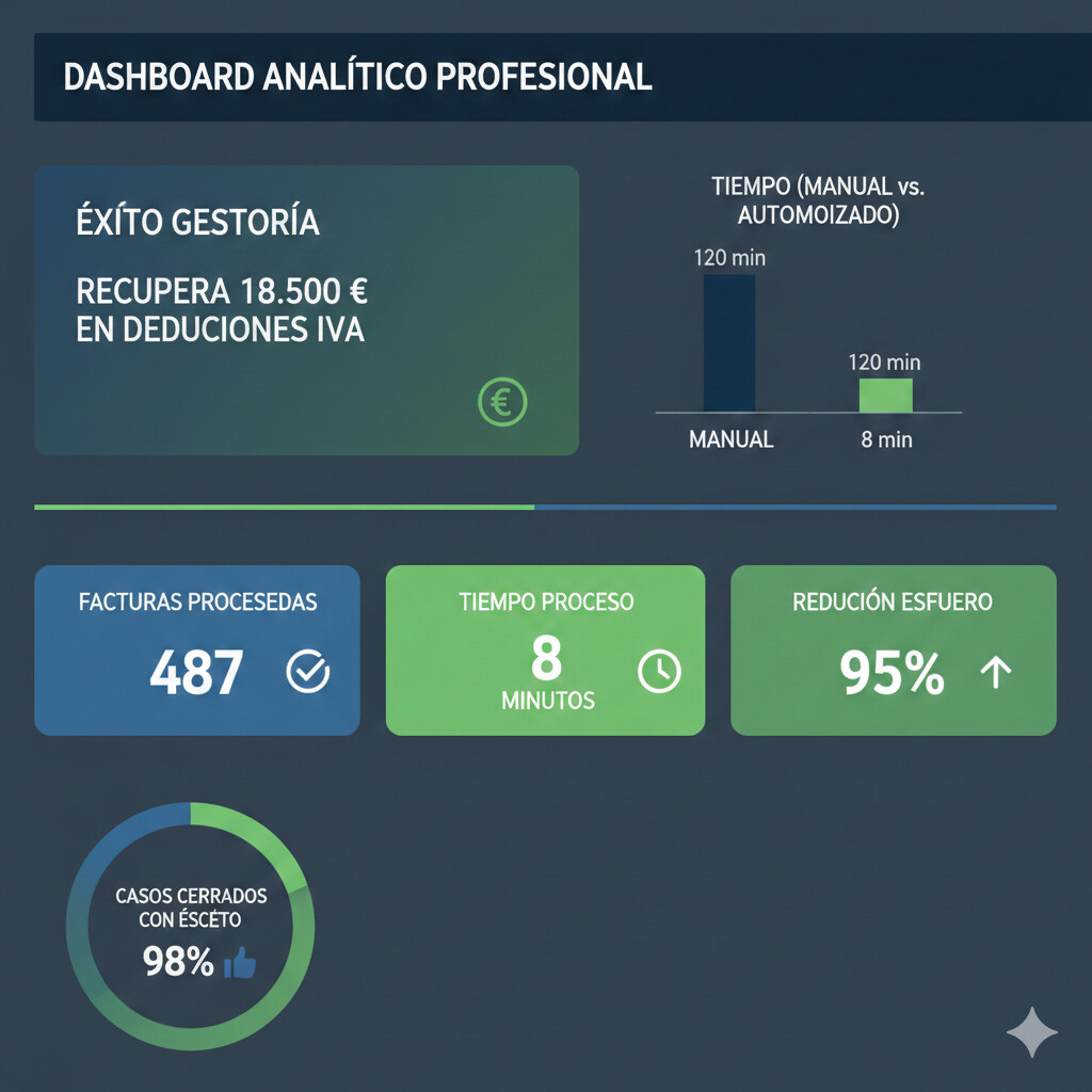 Infografía con métricas del caso de éxito de gestoría Barcelona: €18.500 recuperados, 2 horas tiempo, 95% reducción, 3.700% ROI cliente