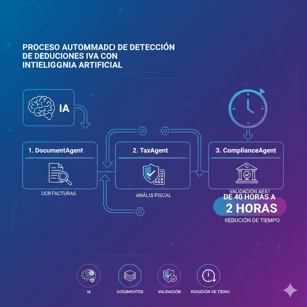 Diagrama de flujo mostrando proceso automatizado desde DocumentAgent OCR facturas hasta ComplianceAgent validación AEAT y generación rectificativa modelo 303 automática