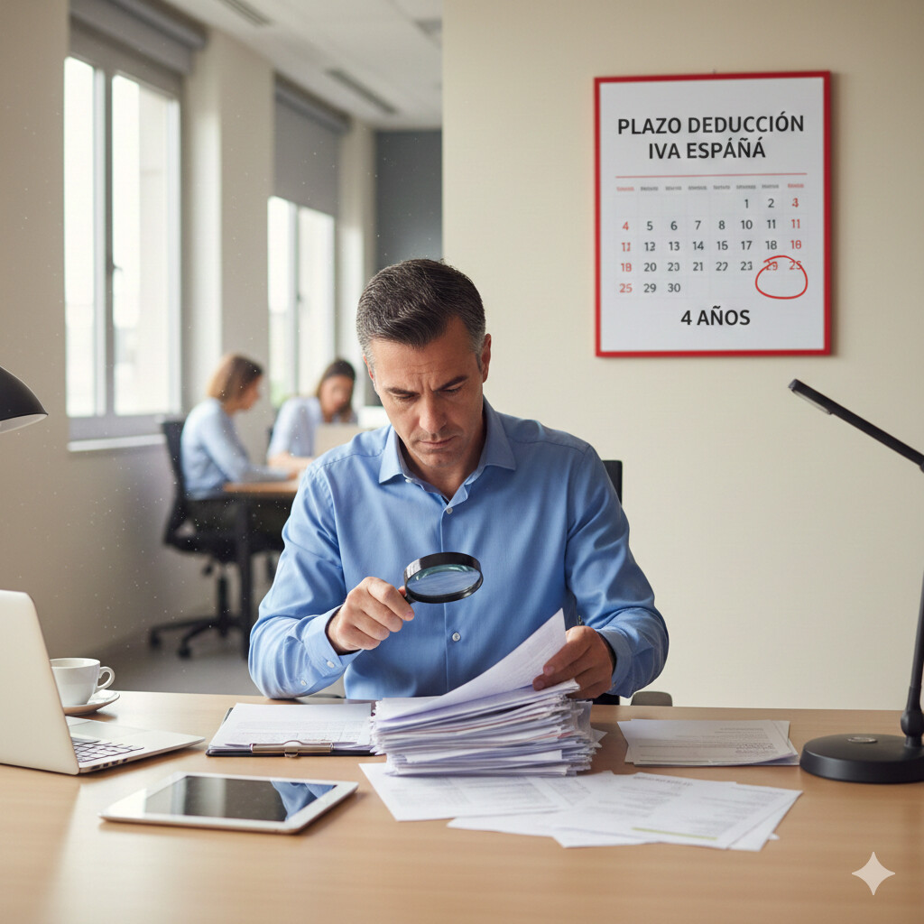 Gestor administrativo revisando manualmente facturas de clientes con calendario mostrando plazo de 4 años para deducciones IVA olvidadas en España
