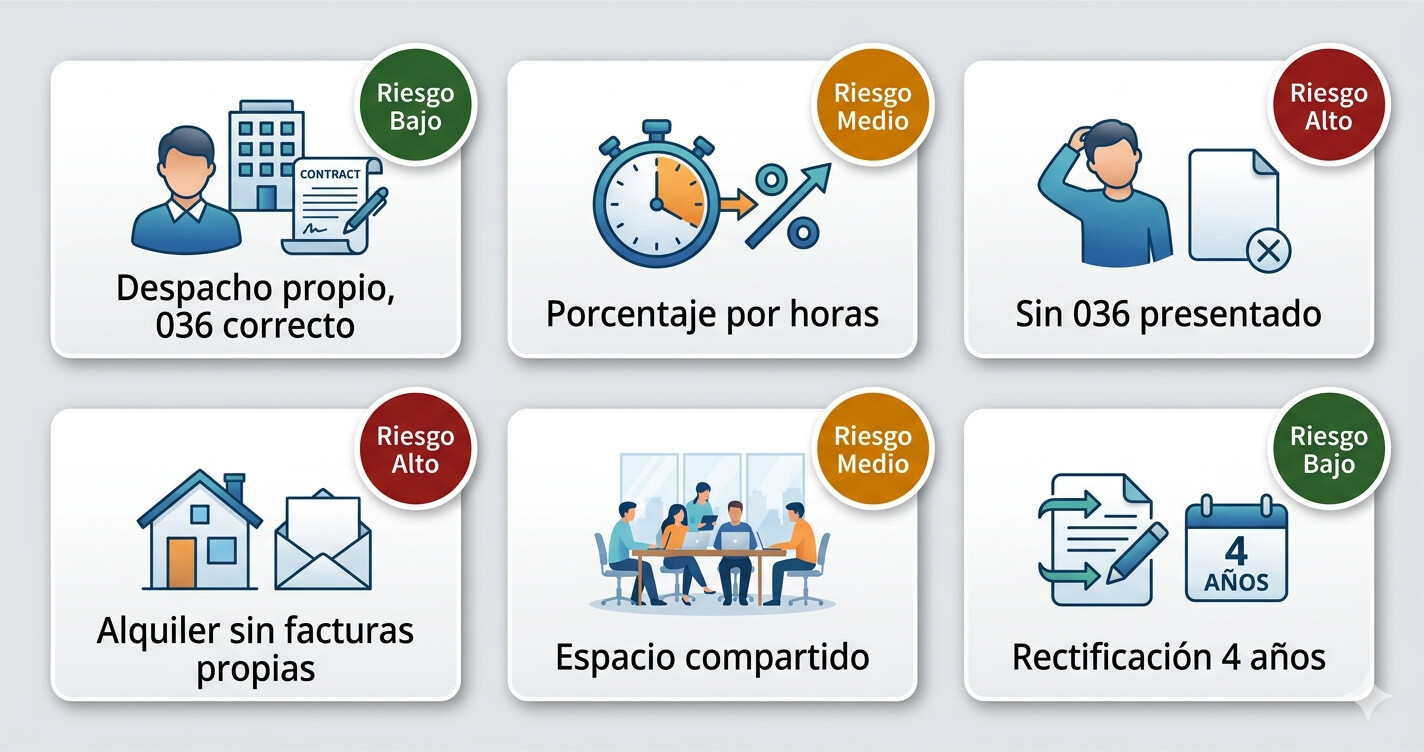 Tabla de seis casos reales de autónomos que trabajan desde casa con semáforo de riesgo verde, naranja y rojo