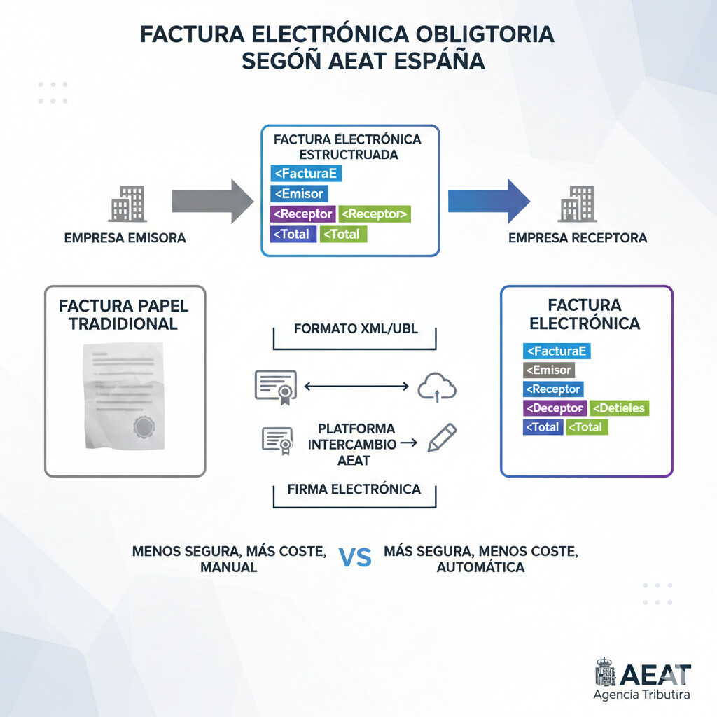 Esquema visual explicando qué es la factura electrónica obligatoria según la AEAT: documento estructurado en formato XML (Facturae, UBL, CII) que se intercambia entre empresas de forma automática, reemplazando la factura en papel tradicional