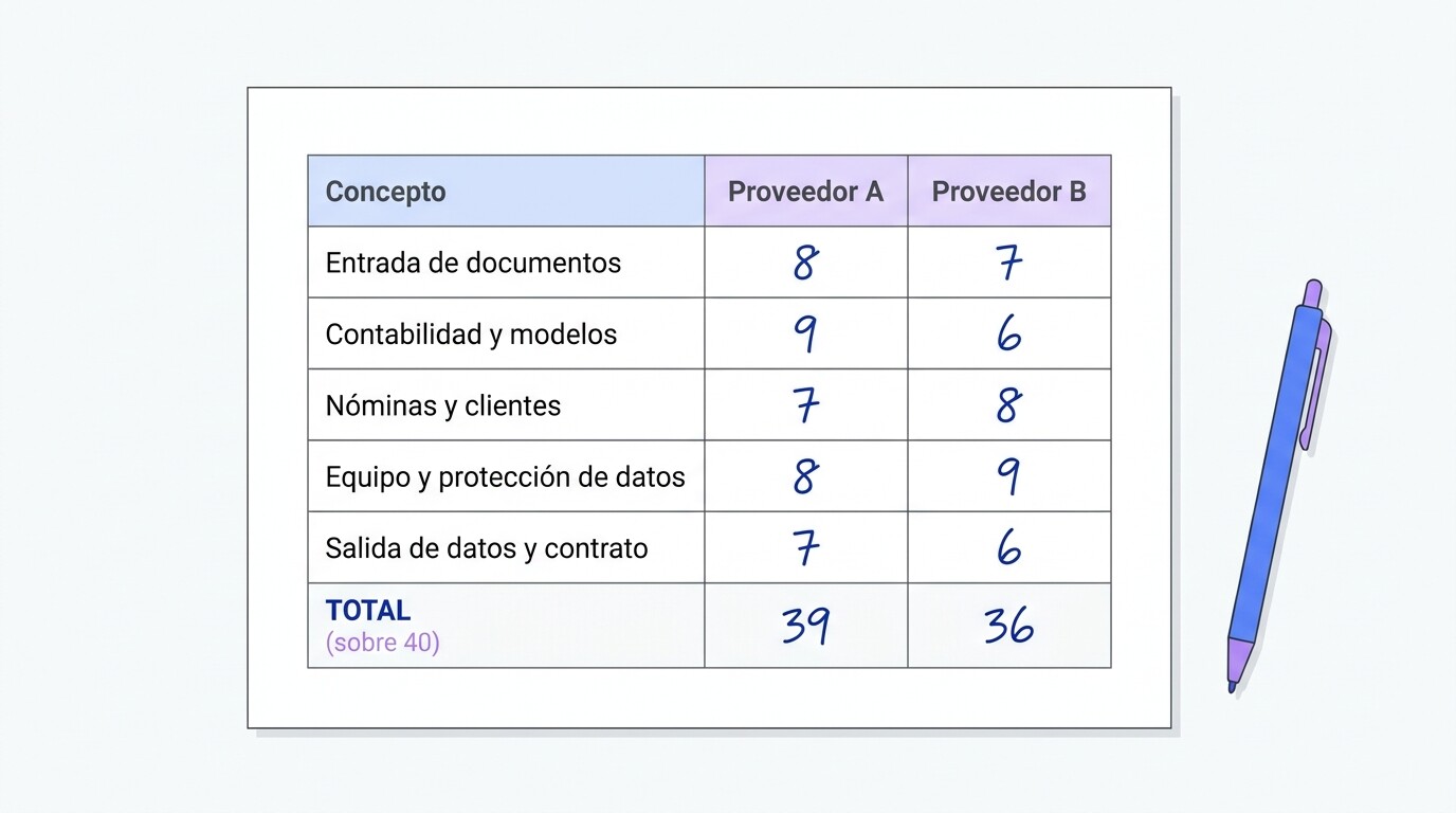 Hoja de puntuación para comparar dos programas de gestoría tras la demostración, con áreas, pesos orientativos y nota sobre 40