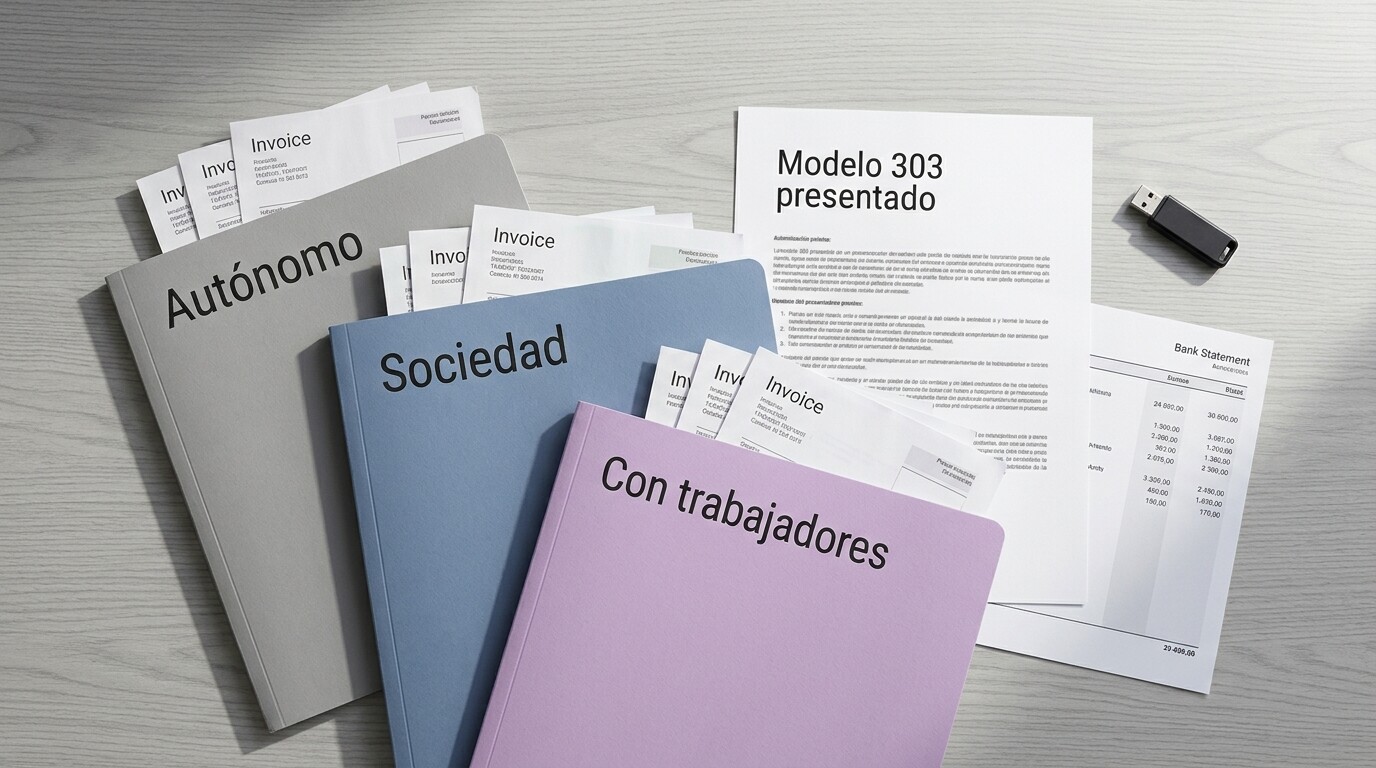 Mesa de trabajo de una gestoría con la muestra para la demostración: facturas de tres clientes, un Modelo 303 presentado y un extracto bancario