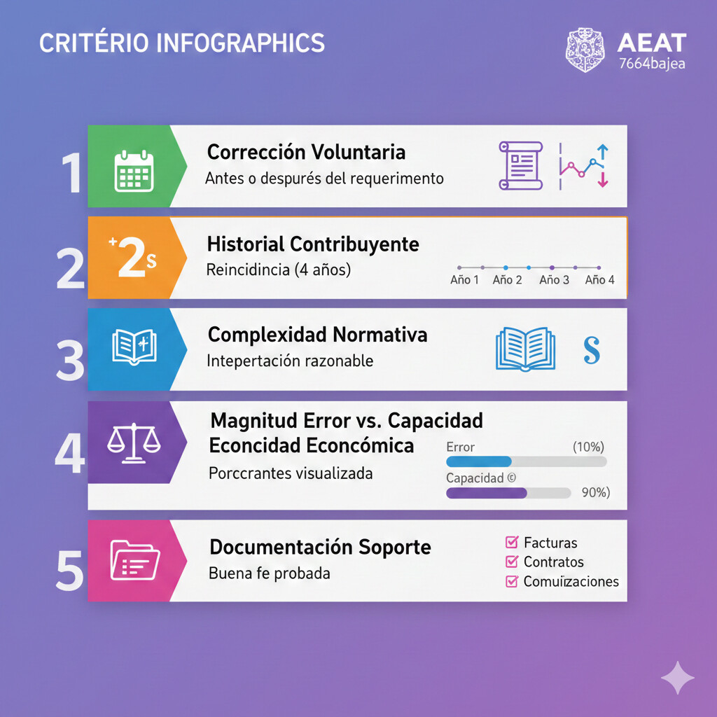 Infografía visual de los 5 criterios que AEAT analiza para evaluar si un error fiscal es de buena fe o fraude: corrección voluntaria antes o después de requerimiento, historial del contribuyente y reincidencia, complejidad normativa e interpretación razonable, magnitud del error versus capacidad económica, y documentación que prueba la buena fe