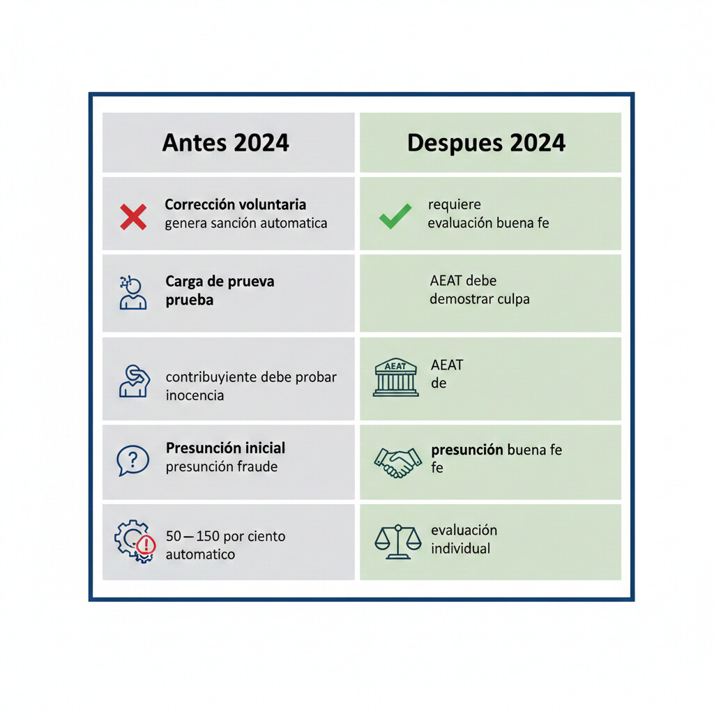 Tabla comparativa visual sistema sancionador AEAT antes de 2024 versus después de 2024, mostrando diferencias clave: corrección voluntaria generaba sanción automática vs ahora requiere evaluación de buena fe, carga prueba estaba en contribuyente vs ahora en AEAT demostrar culpa, y presunción de fraude vs presunción de buena fe