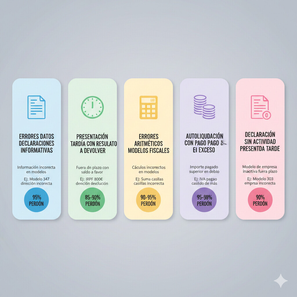 Diagrama de flujo visual del procedimiento completo en 5 pasos para corregir un error fiscal sin sanciones: paso 1 identificar tipo de error, paso 2 elegir procedimiento correcto, paso 3 preparar documentación soporte, paso 4 presentar corrección en Sede Electrónica AEAT, y paso 5 seguimiento y plazos resolución