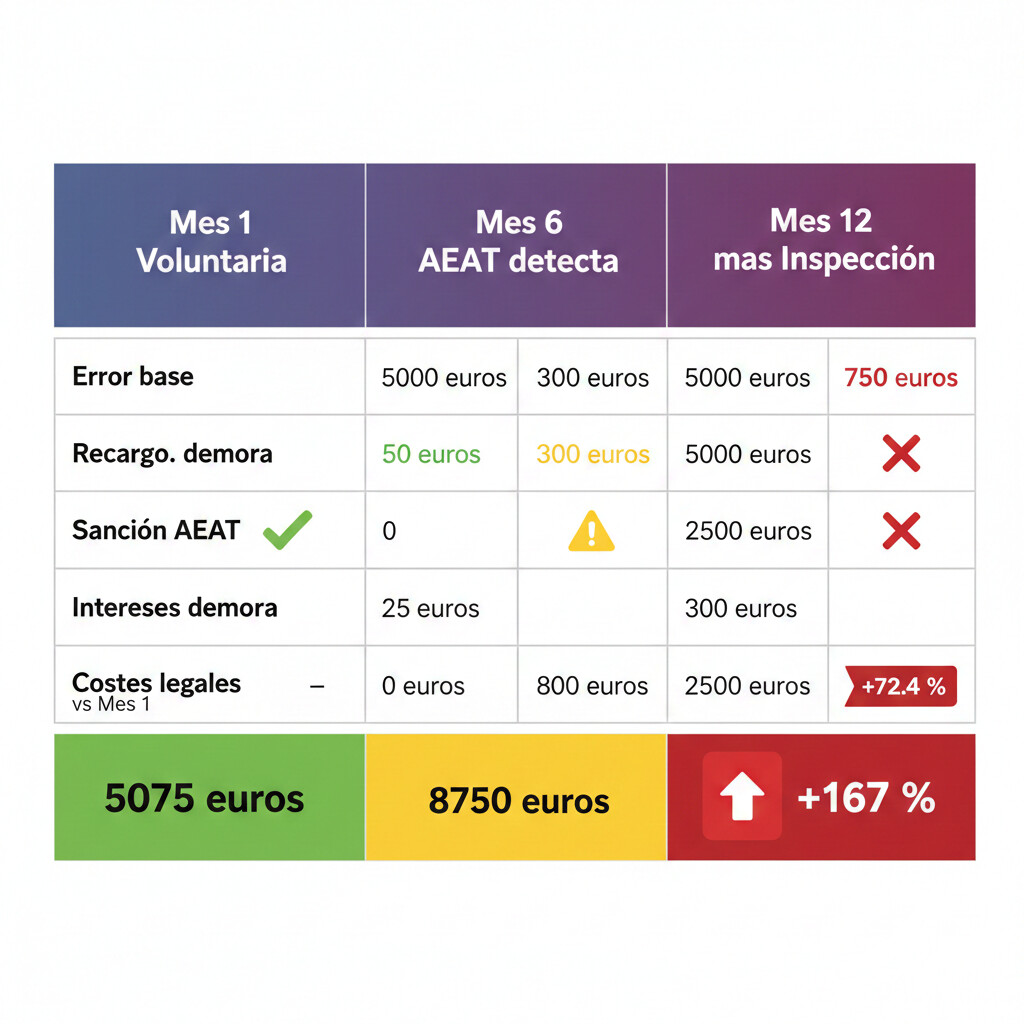 Tabla comparativa visual de costes fiscales en 3 escenarios temporales: corrección voluntaria mes 1 con Derecho Error cuesta 5.075€ total (recargo 1% más intereses), corrección mes 6 sin Derecho Error cuesta 8.750€ (recargo 6% más sanción 50%), y detección AEAT tras 12 meses cuesta 13.500€ (recargo 15% más sanción 100% más costes legales)