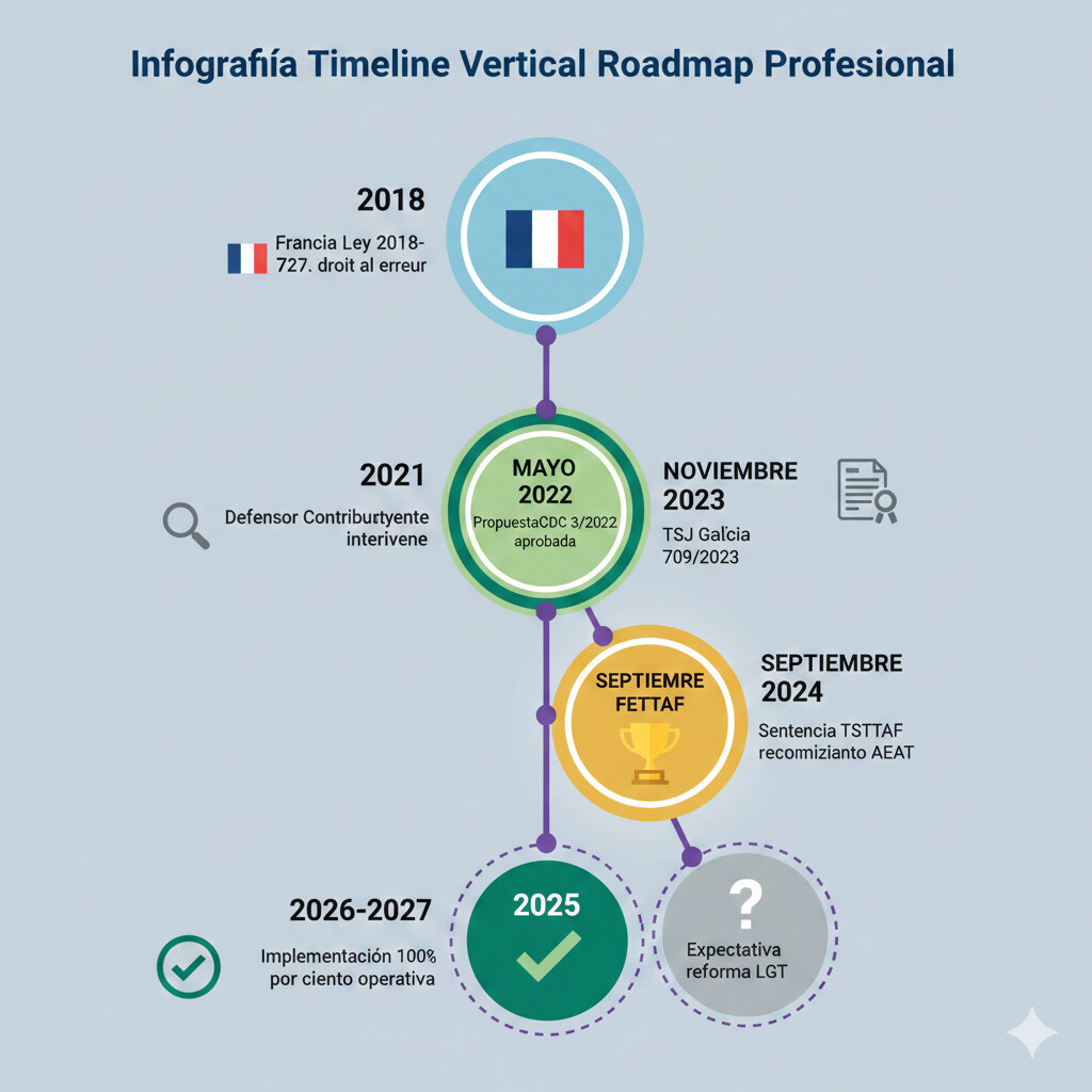 Infografía timeline horizontal mostrando evolución del Derecho al Error Fiscal desde 2018 hasta 2026: Francia implementa ley 2018-727 en agosto 2018, España inicia debates en 2021, Propuesta CDC 3/2022 en mayo 2022, Sentencia TSJ Galicia 709/2023 en noviembre 2023, victoria FETTAF septiembre 2024, implementación AEAT 100% en 2025, y expectativa reforma legislativa 2026-2027