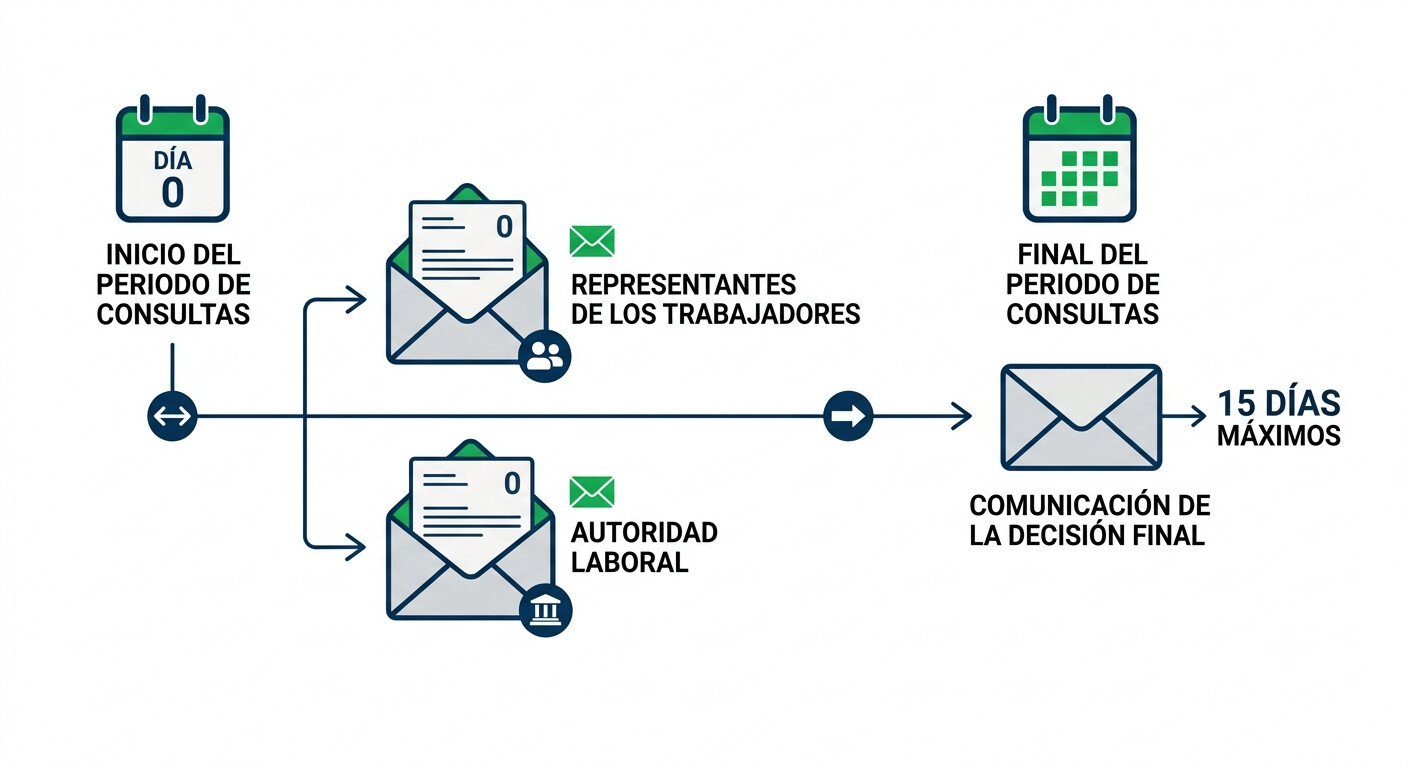 Diagrama explicativo de las dos comunicaciones distintas a la autoridad laboral en un ERE: comunicación de inicio simultánea a los representantes y comunicación de la decisión final