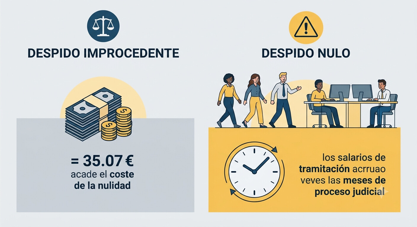 Infografía comparativa de consecuencias económicas entre despido colectivo nulo e improcedente en España 2026, mostrando readmisión obligatoria versus indemnización