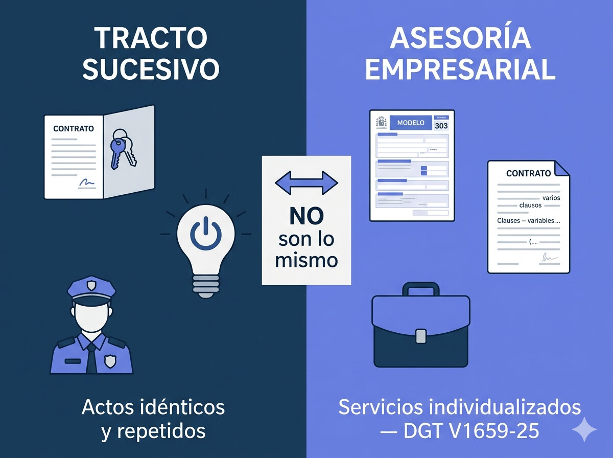 Infografía comparativa: tracto sucesivo (arrendamientos, suministros, vigilancia) versus servicios de asesoría que no son tracto sucesivo según DGT V1659-25