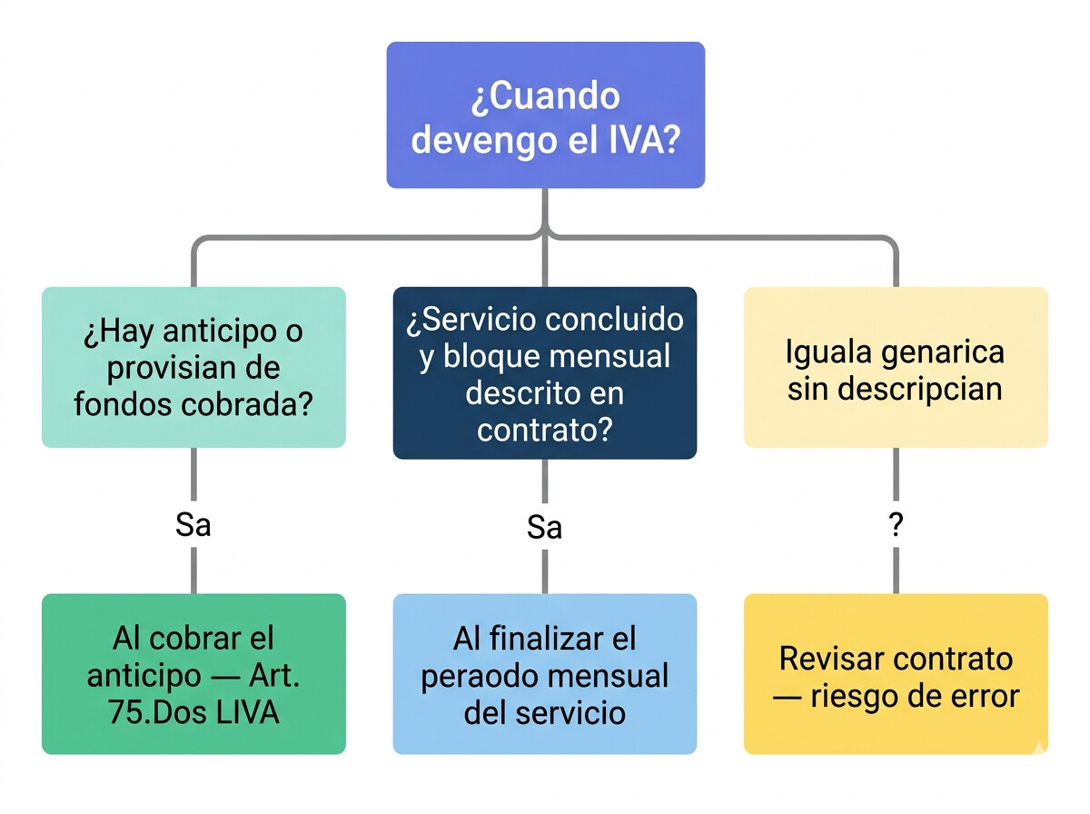 Diagrama de árbol de decisión: ¿cuándo se devenga el IVA en los servicios de asesoría según la DGT V1659-25? Tres caminos según tipo de servicio y momento de cobro