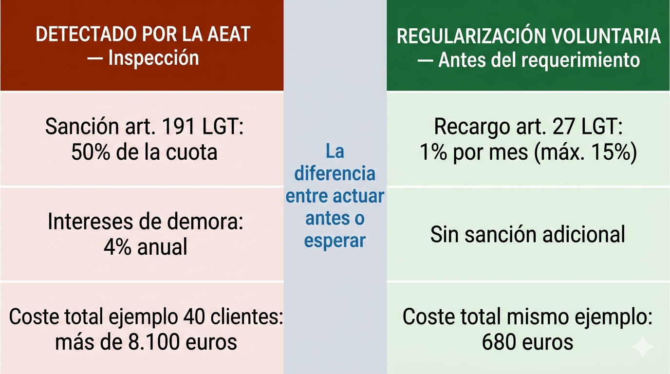 Tabla comparativa de costes: regularización voluntaria del IVA (recargo art. 27 LGT, máximo 15%) versus detección por inspección AEAT (sanción art. 191 LGT del 50 al 150% más intereses de demora)