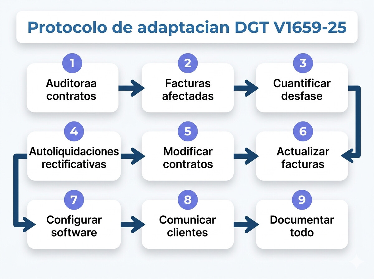 Infografía de 9 pasos para adaptar la facturación de una gestoría al criterio de devengo DGT V1659-25: desde la auditoría de contratos hasta la regularización del Modelo 303