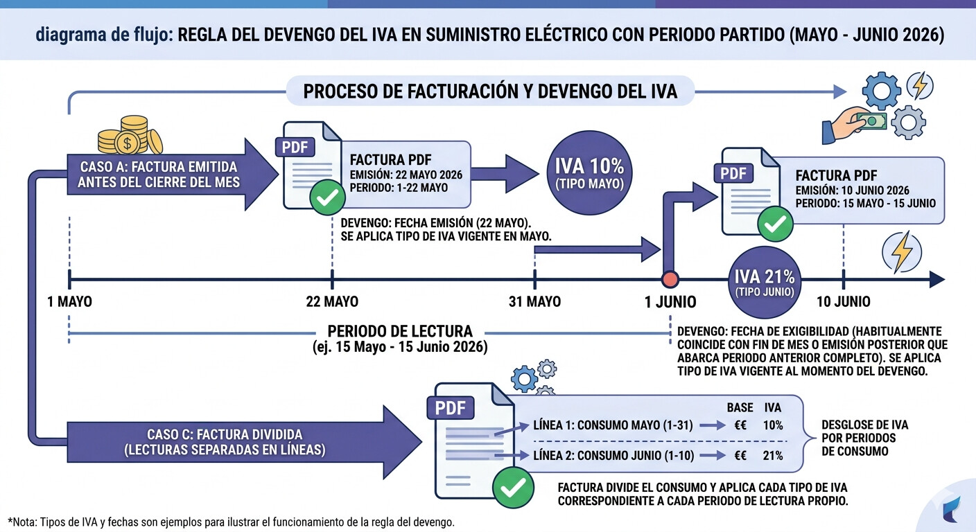 Diagrama de devengo del IVA en facturas de suministro eléctrico con periodo de lectura partido entre mayo y junio de 2026