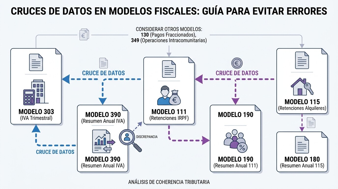 Diagrama de los cruces automáticos que hace la AEAT entre el modelo 303, el 390, el 111, el 190, el 115 y el 180