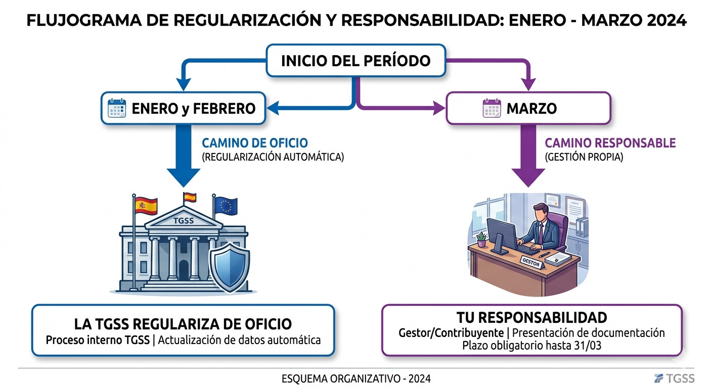 Diagrama de flujo de decisión para gestorías: qué liquidaciones de enero-febrero regulariza la TGSS de oficio y cuál es responsabilidad del gestor en marzo 2026