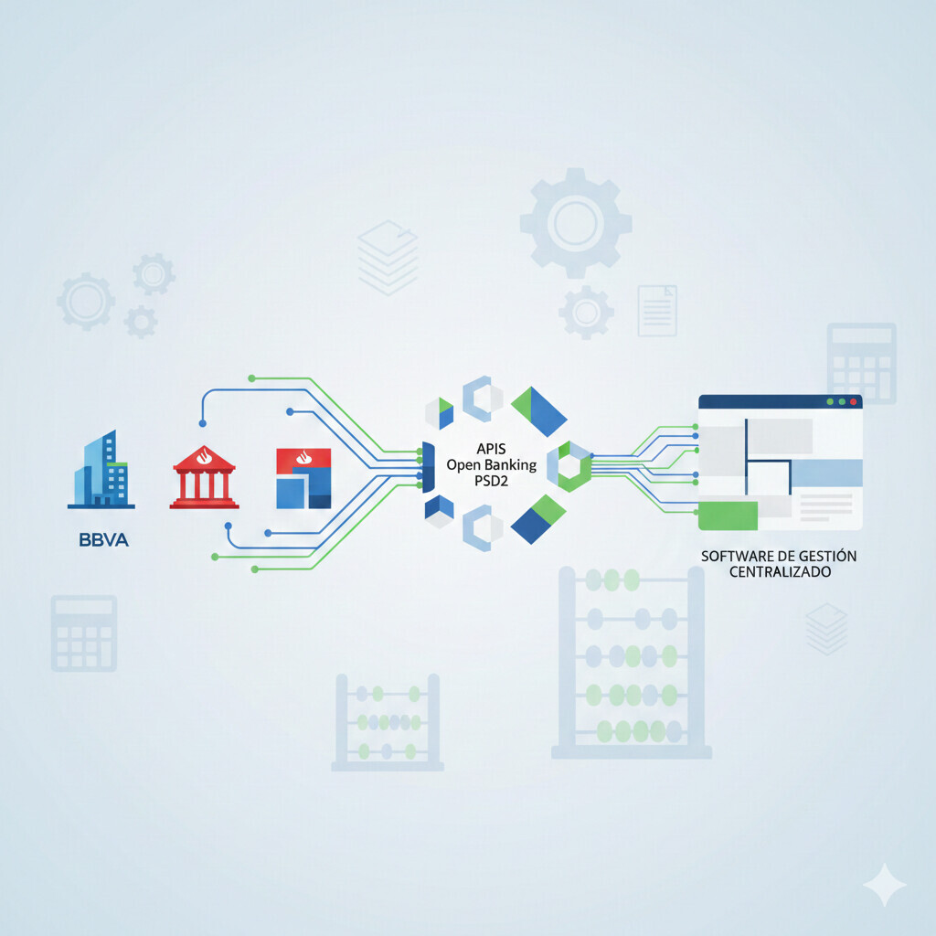 Diagrama técnico de flujo acceso seguro autorizado por el banco para conexiones automáticas PSD2: usuario autoriza en banco, banco genera access token, software gestoría accede a datos bancarios con token, pasos numerados con iconos de seguridad