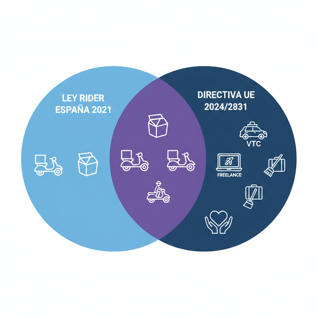 Diagrama comparativo del alcance de la Ley Rider española 2021 (solo delivery) versus la Directiva Europea 2024/2831 (todas las plataformas digitales incluyendo VTC, freelance, cuidados)