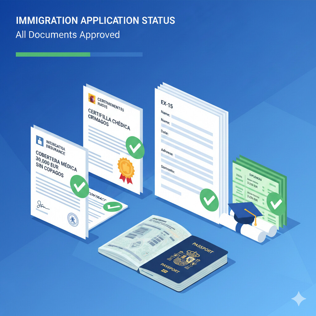 Checklist visual documentación visa nómada digital: pasaporte válido, formulario EX15, seguro médico 30,000 euros, certificado antecedentes penales apostillado, contratos trabajo traducciones juradas