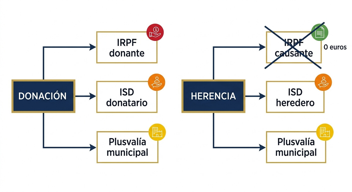Esquema de los tres impuestos que se pagan en donación en vida versus herencia: IRPF del transmitente, ISD del receptor y plusvalía municipal