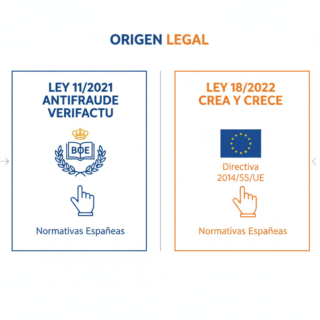 Diagrama visual mostrando el origen legal de VERIFACTU (Ley 11/2021 Antifraude) vs Ley Crea y Crece (Ley 18/2022), con dos columnas separadas por una línea divisoria, iconos BOE oficial, colores azul y naranja corporativos