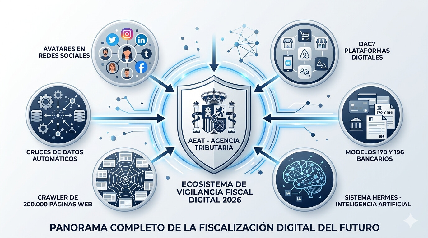 Esquema completo del ecosistema de vigilancia digital de la AEAT en 2026: redes sociales, DAC7, Modelos 170 196, HERMES y crawler web