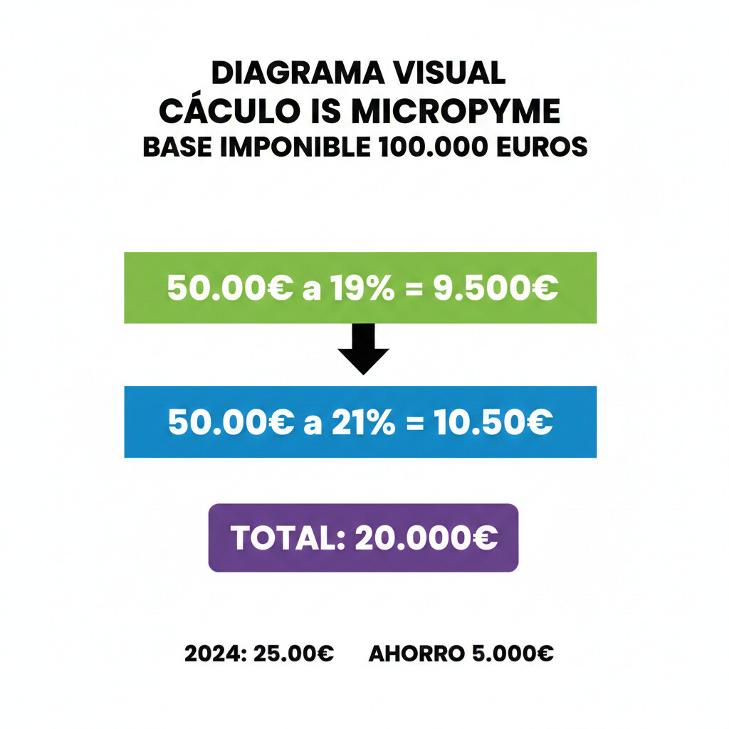 Ejemplo cálculo IS micropyme base imponible 100.000 euros: 19% primeros 50k + 21% siguientes 50k = 20.000€ total