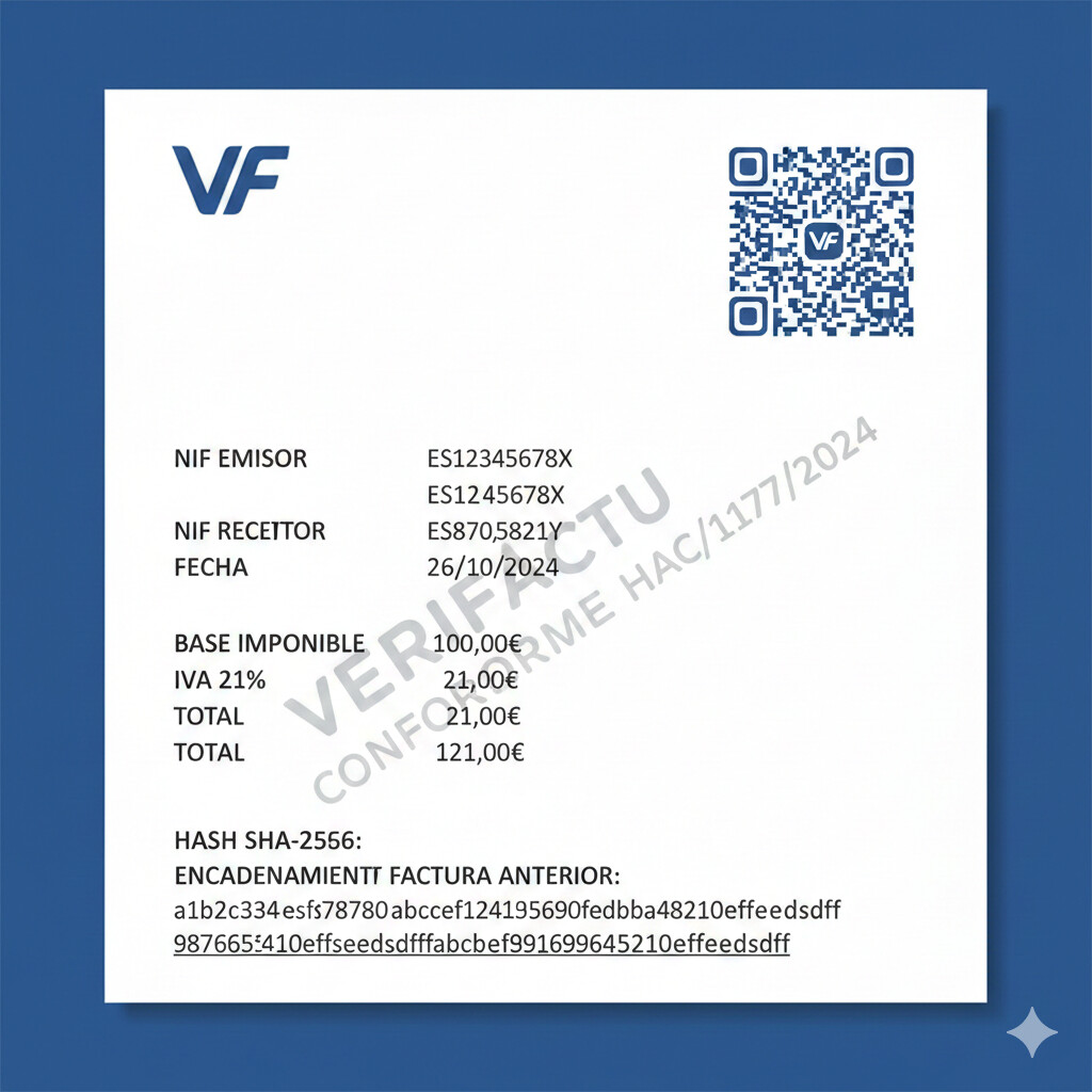 Ejemplo factura real con QR VeriFactu generado automáticamente en esquina superior derecha, mostrando hash SHA-256 en pie de factura y encadenamiento con factura anterior