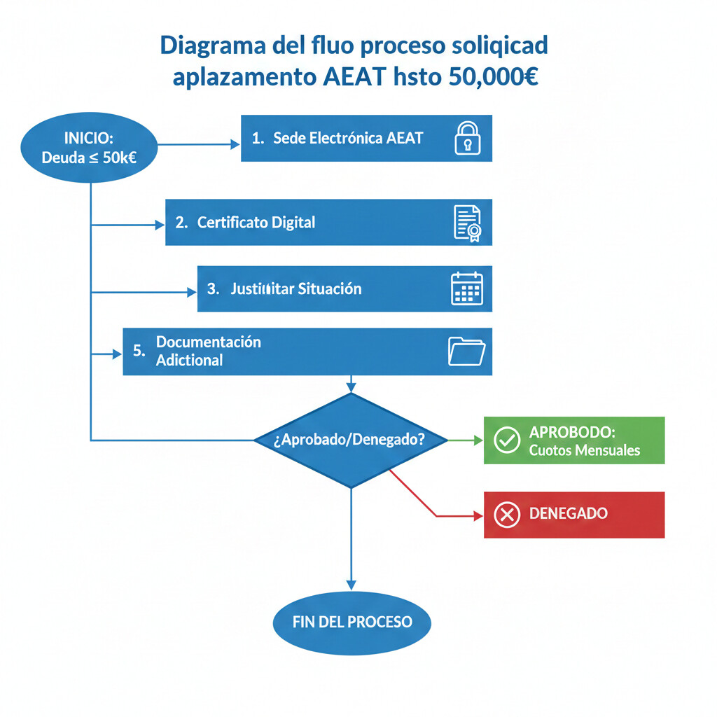 Diagrama de flujo mostrando el proceso de solicitud de aplazamiento hasta 50.000 euros sin garantías, con pasos desde sede electrónica AEAT hasta resolución en 6 meses